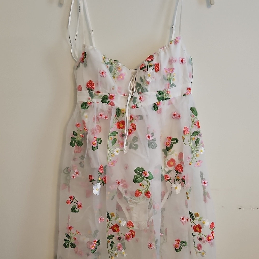 For Love And Lemons Floral Embroidered Dress - White and Pink